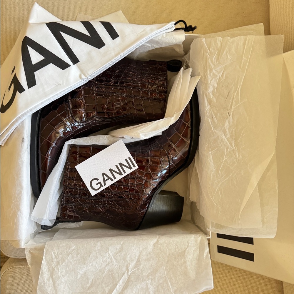 GANNI Ganache Croc Embossed Callie Boots, sz 41
